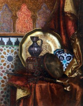 魯道夫 恩斯特 A Tambourine, Knife, Moroccan Tile and Plate on Satin covered Table